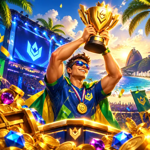 Arena de e-sports com palco iluminado em tons dourados durante final de torneio